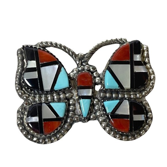 Zuni Native American Inlay Gemstones Butterfly Pin Brooch Pendant Signed Silver - Picture 13 of 13